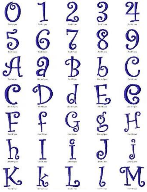 Curlz font sample — playful purple-blue rounded display alphabet and numerals with bubbly, curled terminal ends on each letter, giving a fun modern novelty look.