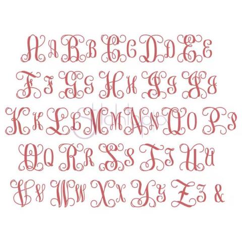 Vine Heirloom font sample — ornate coral-red cursive alphabet with elaborate curling vine-like flourishes and decorative swirls extending from each letter's strokes.