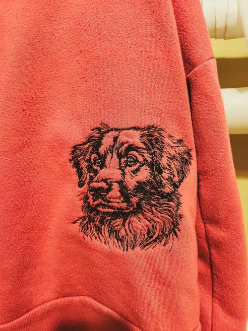 Coral pullover hoodie with a black single-color line-art embroidered portrait of a shaggy-eared dog