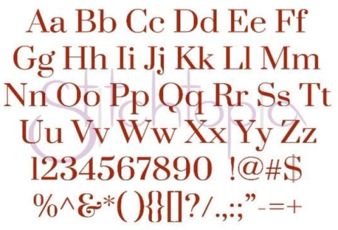 Classic font sample — traditional dark-red serif alphabet, numerals, and punctuation in an upright, formal Times-style typeface with fine serif detailing.
