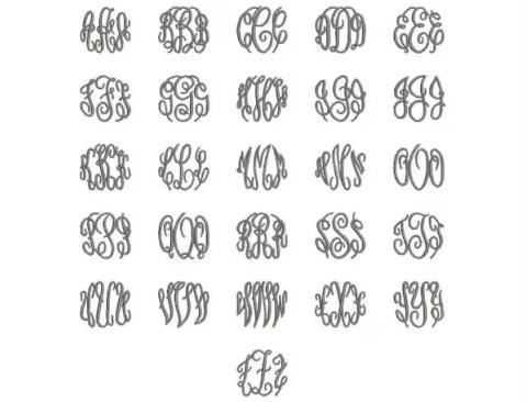 Master Circle font sample — a grid of three-letter interlocking cursive monogram clusters in gray stitched outline, each set of initials curling together into a circular arrangement.
