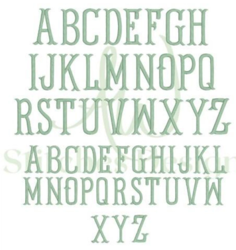 Fishtail font sample — upright sage-green serif alphabet where each letter's serifs split into a forked, fishtail-shaped end, giving a traditional engraved letterform look.