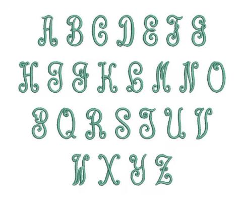 Pillow font sample — full A-to-Z alphabet in a flowing sage-green cursive script with connecting loops and swashes, shown in an embroidery satin-stitch outline style.