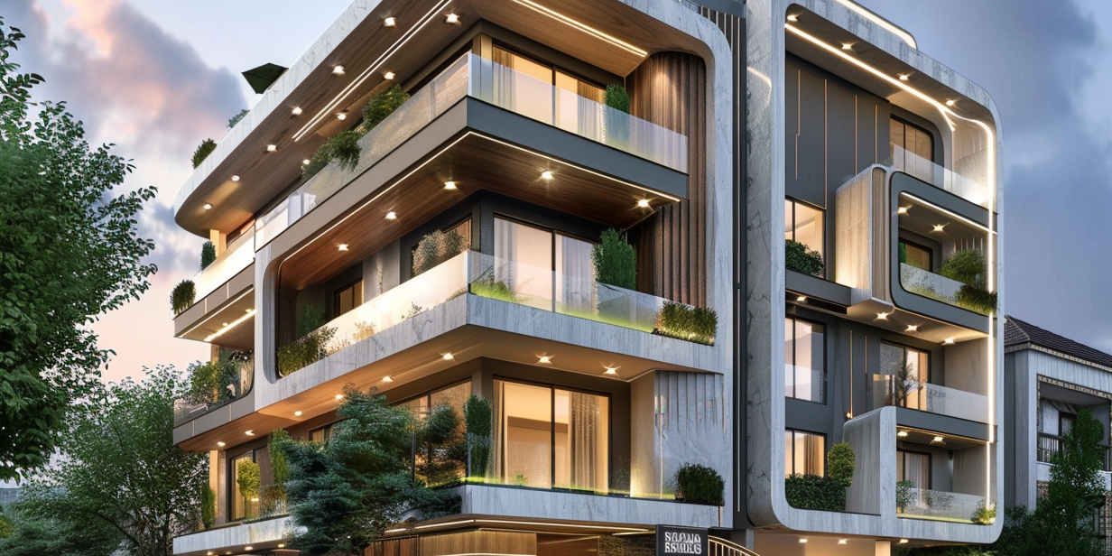 a rendering of a modern apartment building with a car parked in front of it
