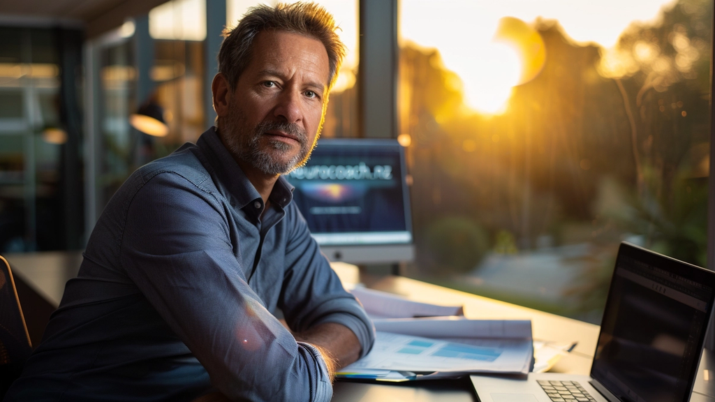 professional man in his early 50s sits at a modern desk in contemplative determination. Corporate documents and a closed laptop in the foreground represent old patterns of seeking approval, while warm golden light in the background illuminates screens showing "neurocoach.nz" and startup imagery, symbolizing the pivot from corporate frustration to building his own entrepreneurial path. His posture shifts from slumped to straightened, embodying the transformation from workplace exclusion to purposeful action.