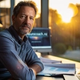 professional man in his early 50s sits at a modern desk in contemplative determination. Corporate documents and a closed laptop in the foreground represent old patterns of seeking approval, while warm golden light in the background illuminates screens showing "neurocoach.nz" and startup imagery, symbolizing the pivot from corporate frustration to building his own entrepreneurial path. His posture shifts from slumped to straightened, embodying the transformation from workplace exclusion to purposeful action.