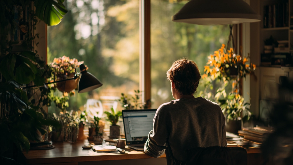 Person working thoughtfully at an organized desk with laptop displaying helpful AI interface elements, surrounded by natural lighting, plants, and personal touches in a comfortable workspace