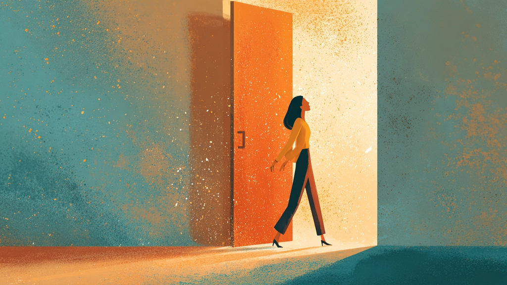 Person walking confidently through an illuminated doorway into warm welcoming light, symbolizing access to accommodations and support