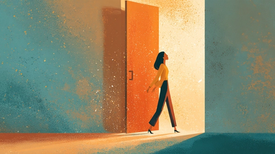 Person walking confidently through an illuminated doorway into warm welcoming light, symbolizing access to accommodations and support