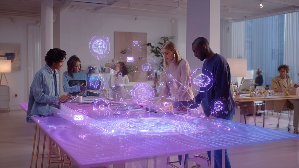 Diverse team of professionals collaborating around a futuristic holographic AI interface in a modern office, with digital icons floating above representing communication and workplace support tools