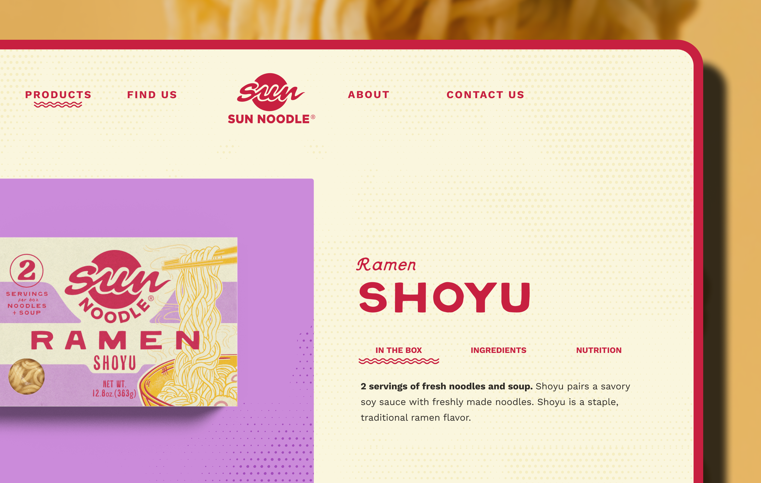 The Sun Noodle website interface over a picture of ramen