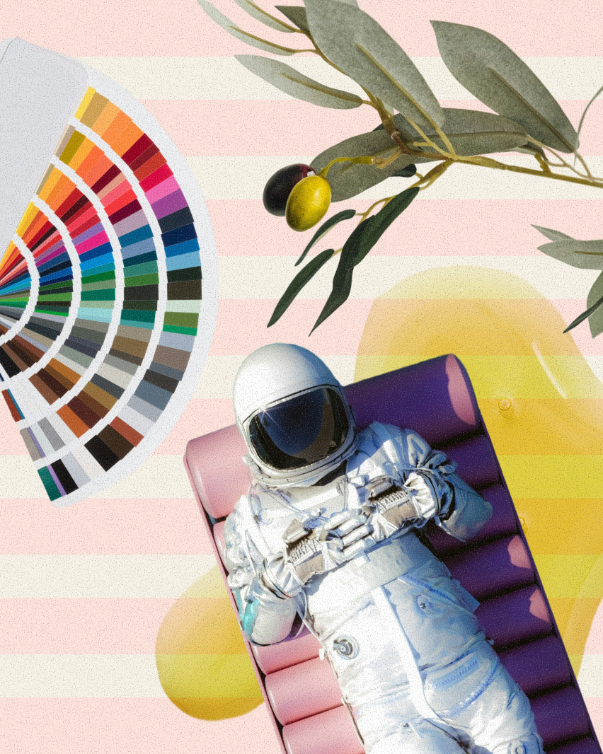 Photo illustration of color swatches, poolside astronaut, boats and olive oil