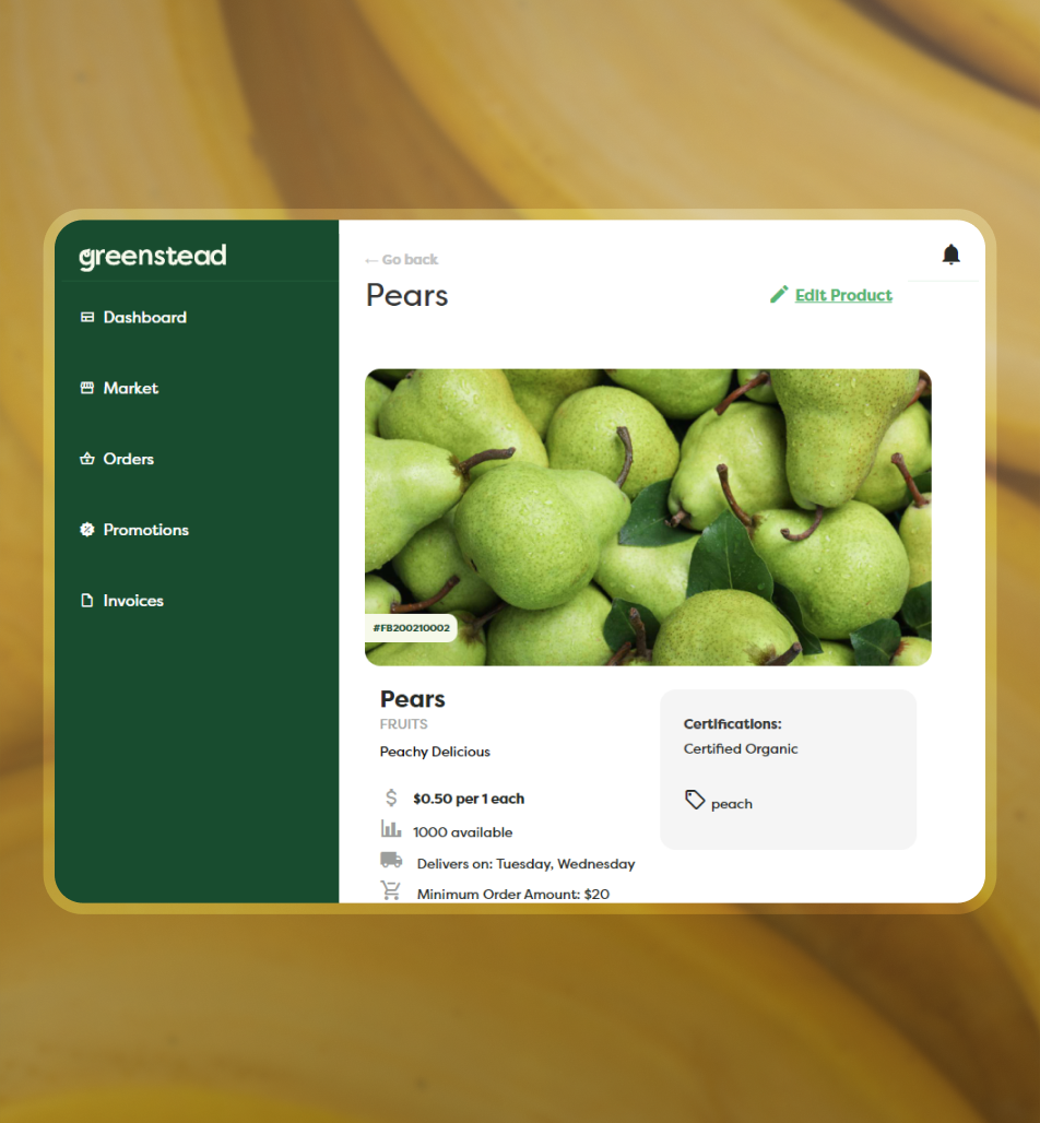 An image of the Greenstead marketplace on mobile over a bed of bananas.