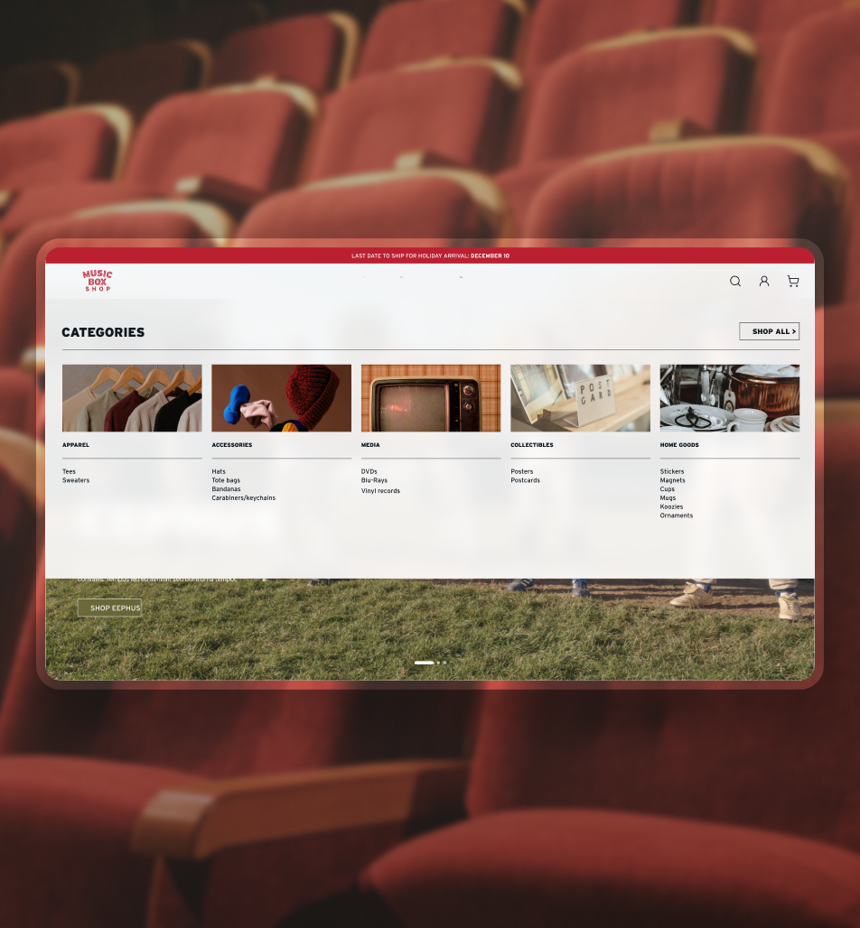 The Music Box Shop mega menu featuring product categories