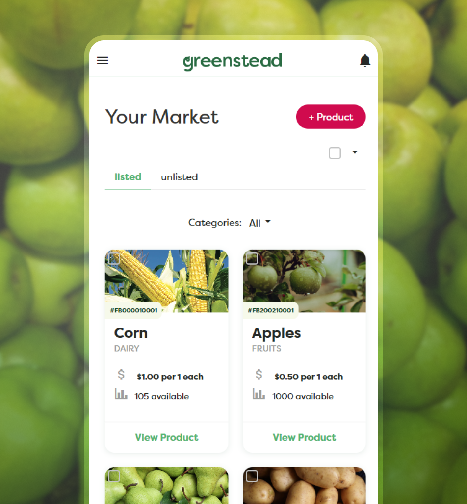 An image of the Greenstead marketplace on mobile over a bed of apples.