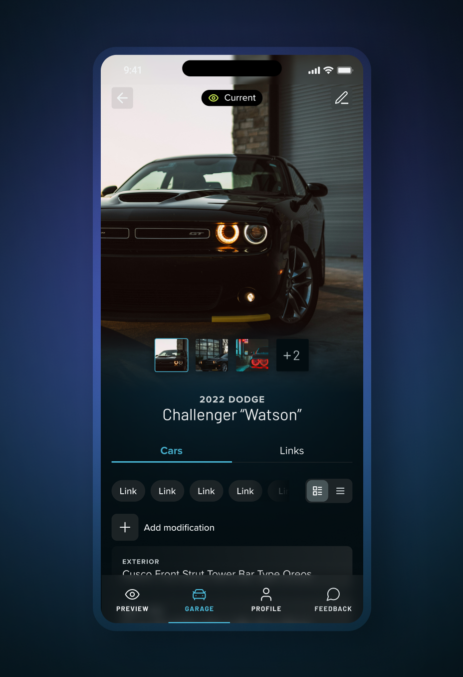 Image of the ModPro application showing a Dodge Challenger profile