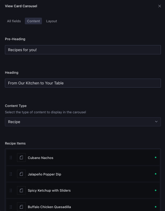 A Card Carousel, showing content and linked recipes