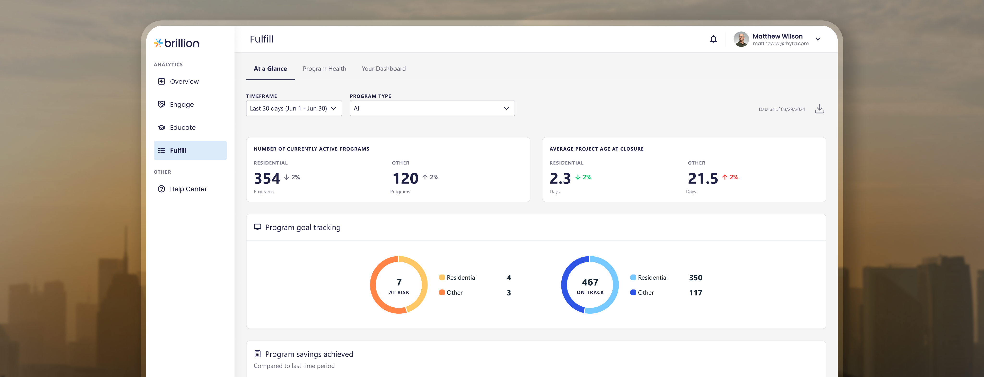 The Brillion dashboard over an image of a skyline