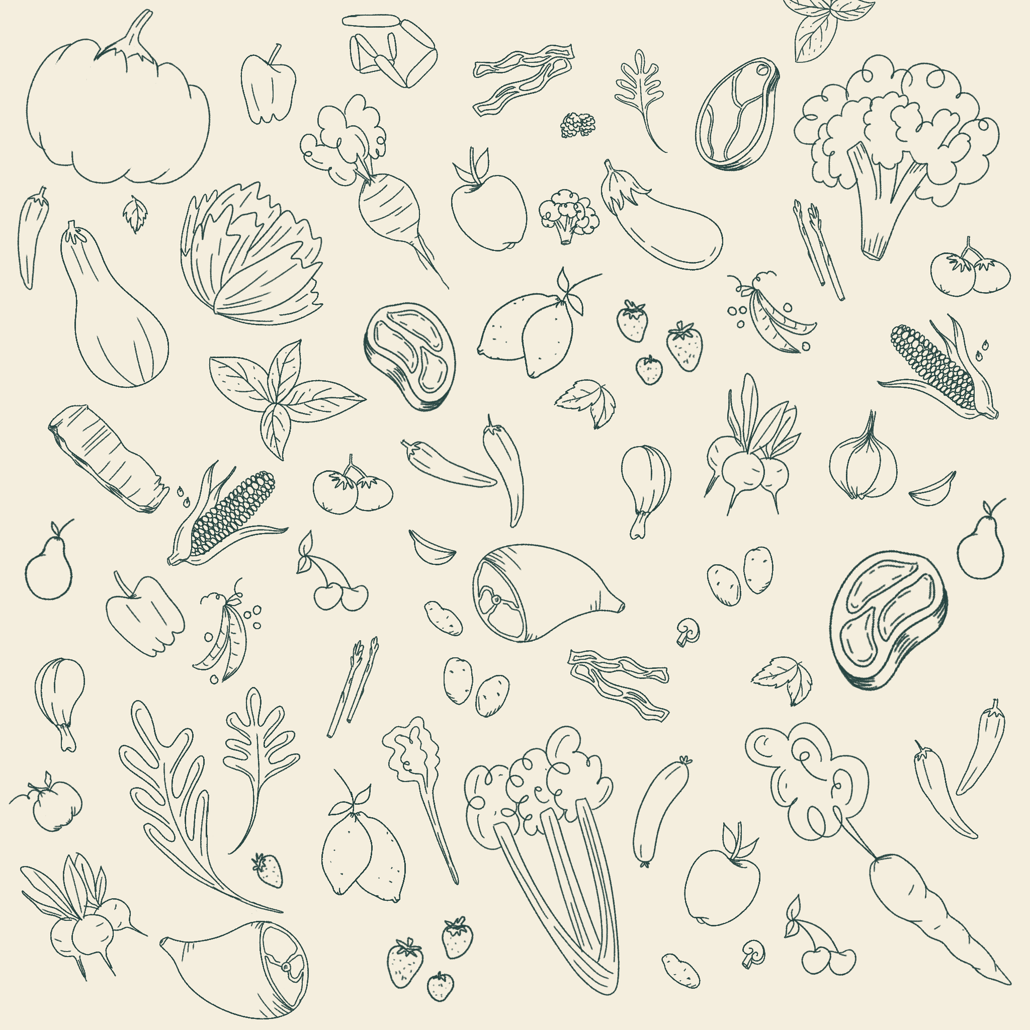 Illustrations of various fruits and vegetables