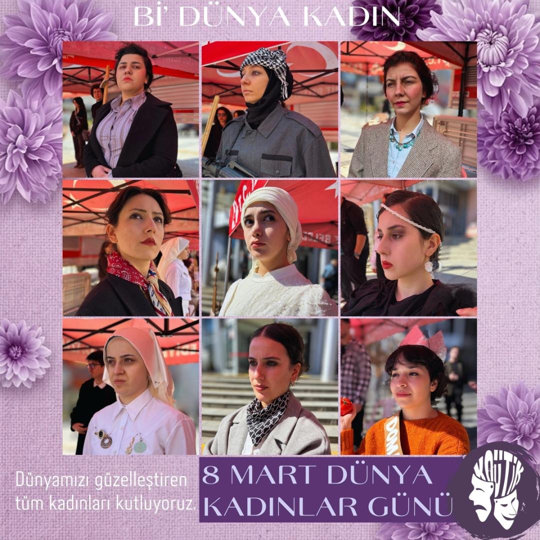 Bi’ Dünya Kadın canlı heykel sergisi paylaşımından kolaj; kostümlü katılımcılar farklı kadın karakterlerini canlandırıyor.