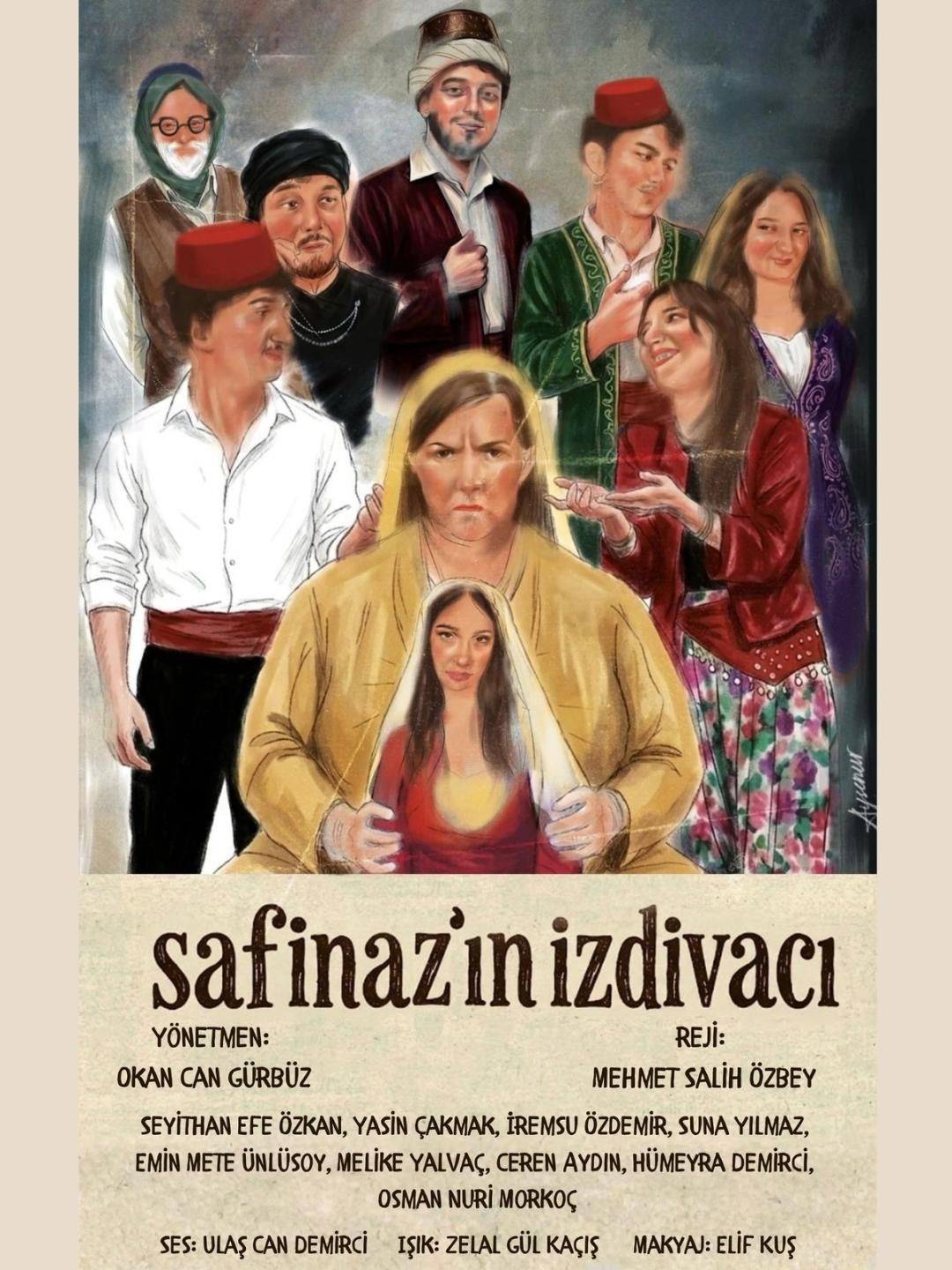 Safinaz’ın İzdivacı afişinde geleneksel kıyafetli oyuncuların illüstrasyonu ve oyun künyesi yer alıyor.