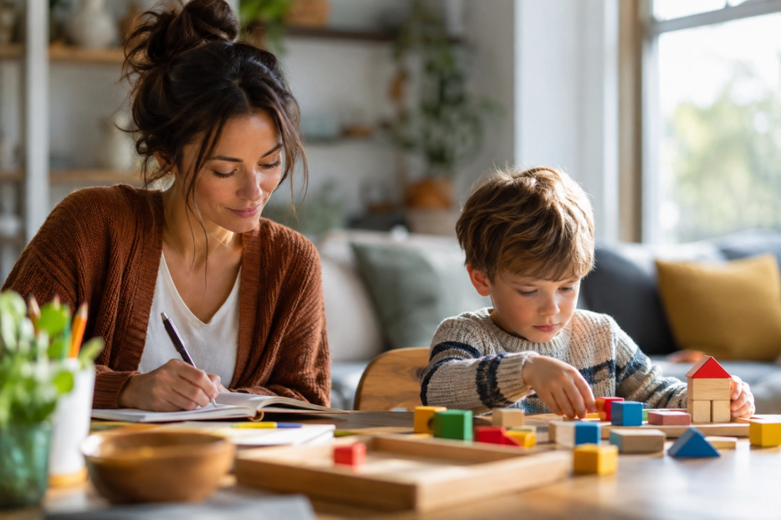 A warm home learning scene showing an adult calmly recording observations while a child works nearby.