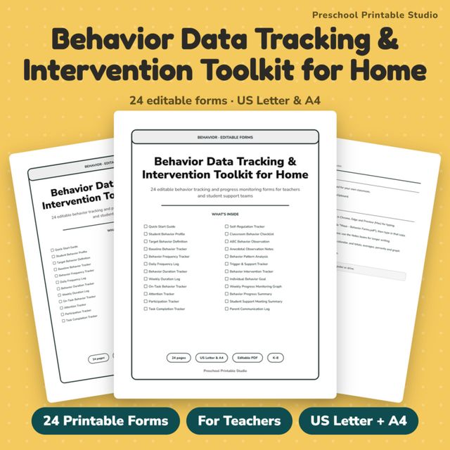 Cover for editable K–8 Behavior Data Tracking Forms for home use, including behavior data sheets and ABC data tools.