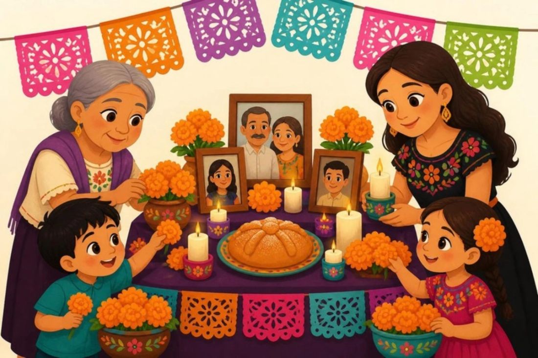 Illustration of a family decorating an ofrenda with marigolds, candles, photos and papel picado