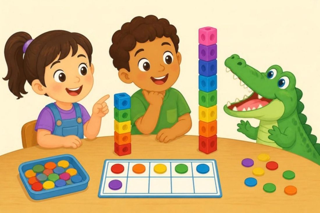 Illustration of two children comparing towers of linking cubes next to a friendly crocodile