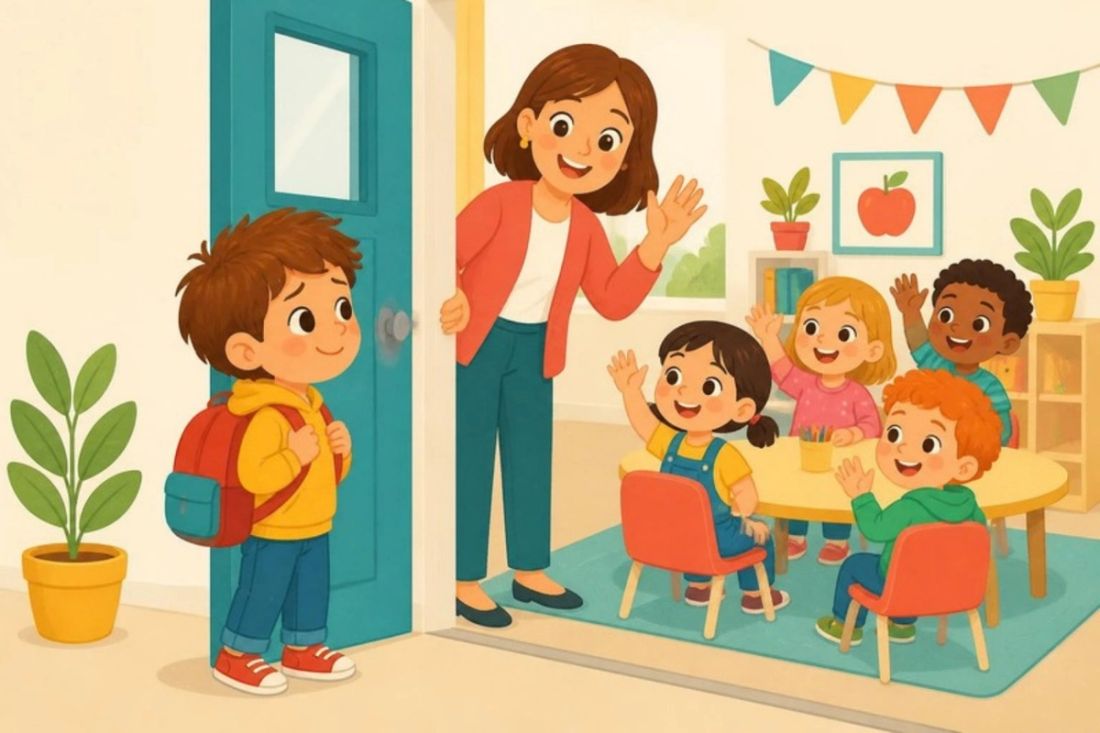 Illustration of a child with a backpack at the classroom door as the teacher and classmates wave hello