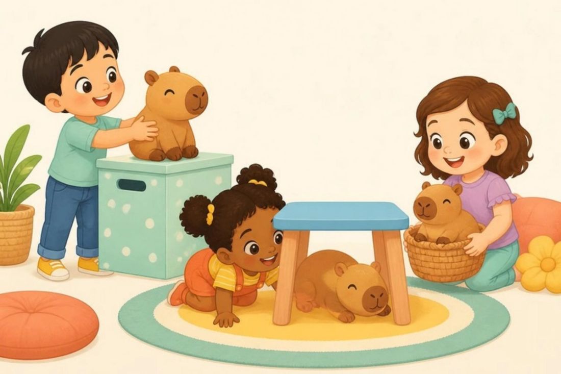Illustration of preschoolers placing toy capybaras on, under and inside things