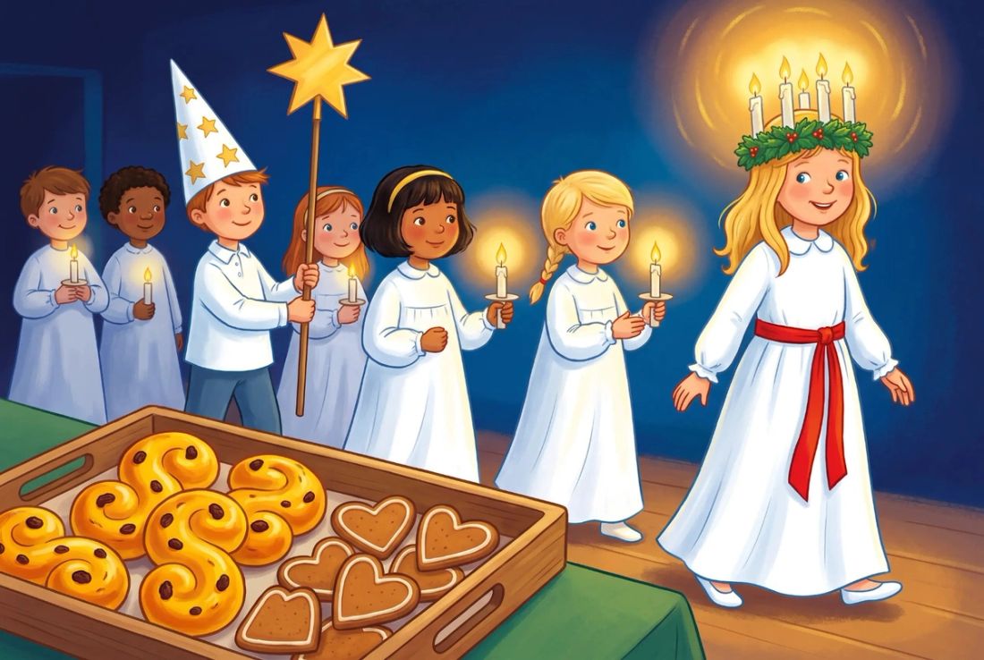 A girl in a white gown with a red sash and a crown of candles leading a St. Lucia procession with a star boy and saffron buns