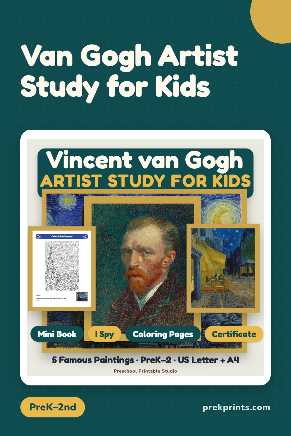 Pinterest image: Van Gogh Artist Study for Kids | Mini Book, I Spy, Coloring Pages | Art History
