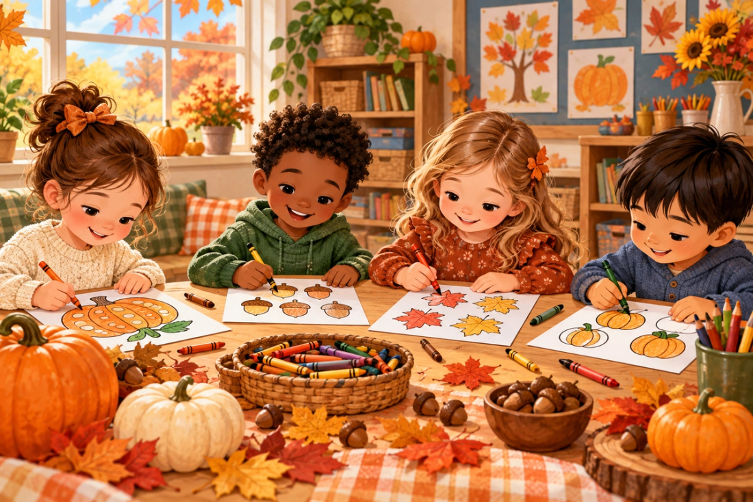A warm autumn classroom illustration with young children coloring fall-themed math pictures beside crayons, pumpkins, leaves, and acorns, with no text.