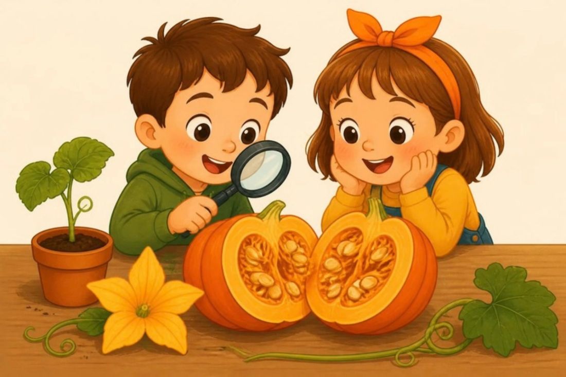 Illustration of two children examining a pumpkin cut in half with a magnifying glass