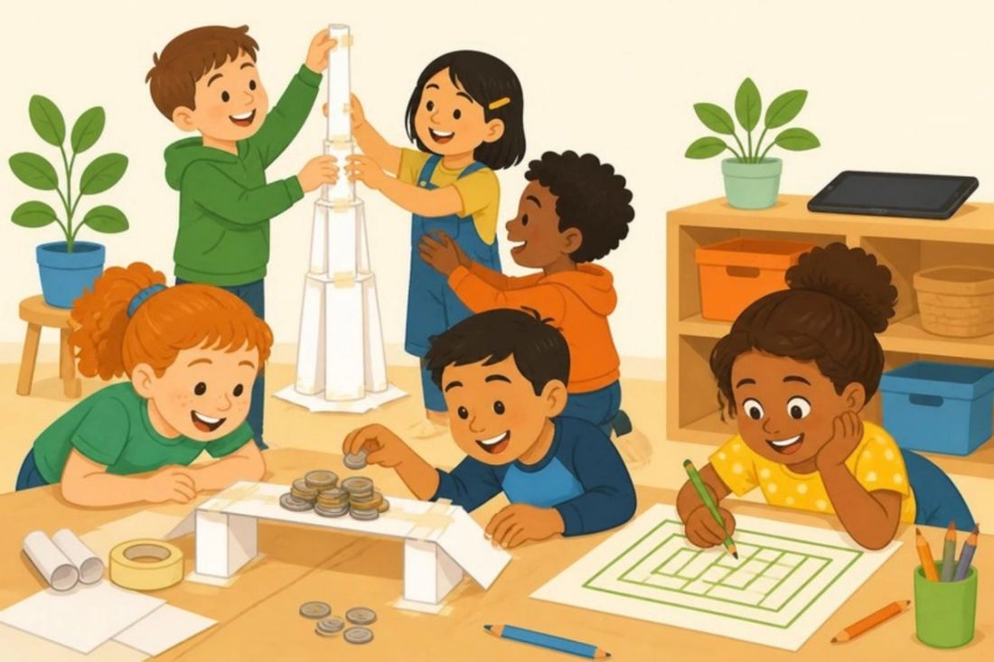 Illustration of children building a paper tower, testing a paper bridge and solving a maze