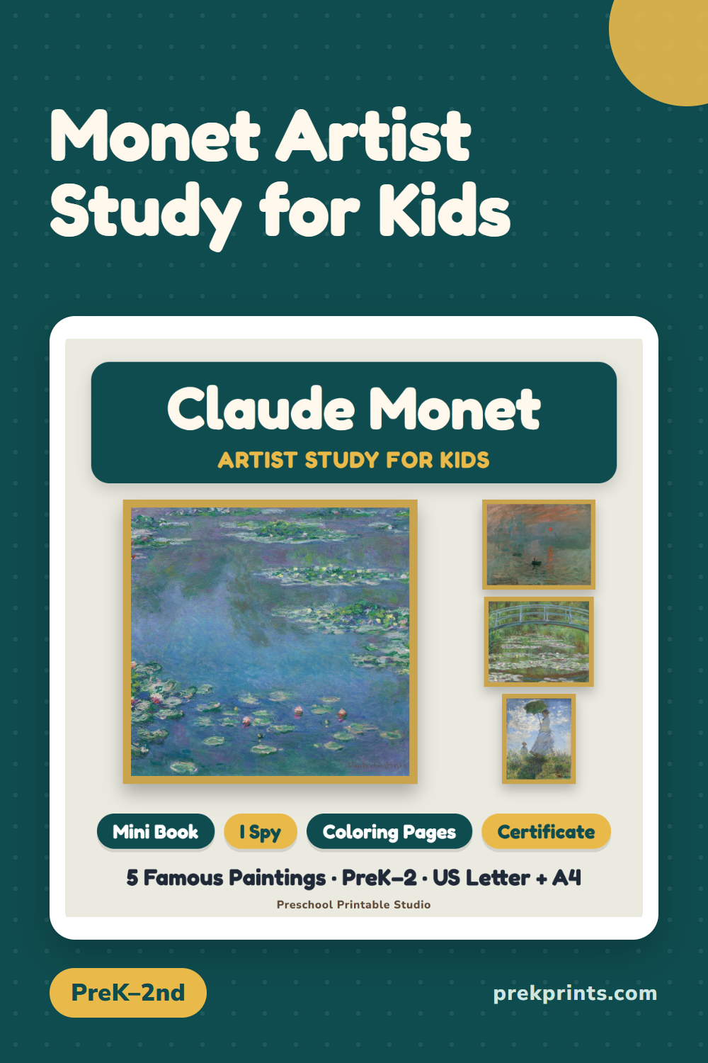 Pinterest image: Monet Artist Study for Kids | Mini Book, I Spy, Coloring Pages | Art History