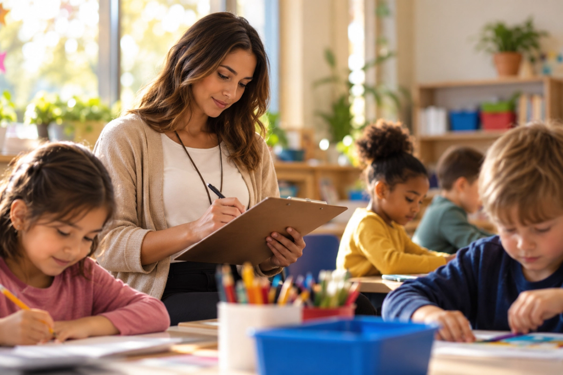 A warm classroom scene showing a school counselor calmly reviewing observation notes while students work nearby.