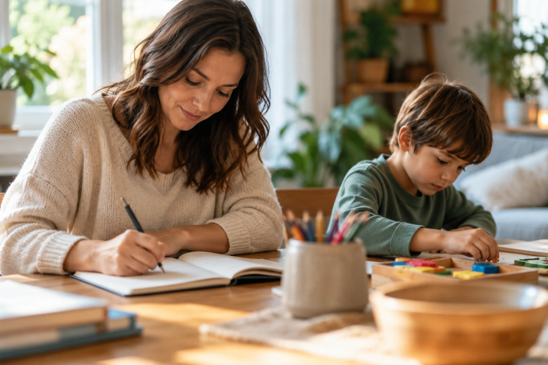 A warm home learning scene showing an adult calmly recording observations while a child works nearby.