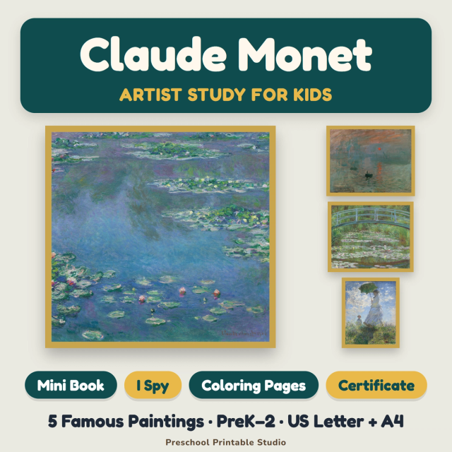 Claude Monet artist study for PreK–2 featuring famous paintings, a mini book, I Spy activities, coloring pages and art activities.
