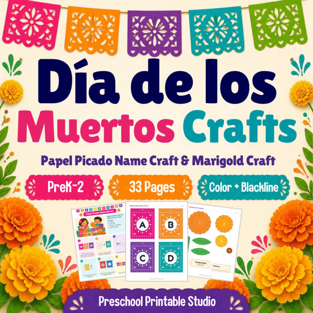 Día de los Muertos Crafts cover: papel picado name craft and marigold craft for PreK–2