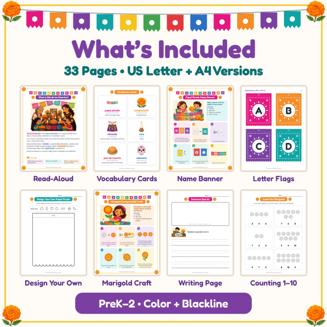 What’s included: read-aloud page, vocabulary cards, name banner, letter flags, marigold craft, writing and counting pages