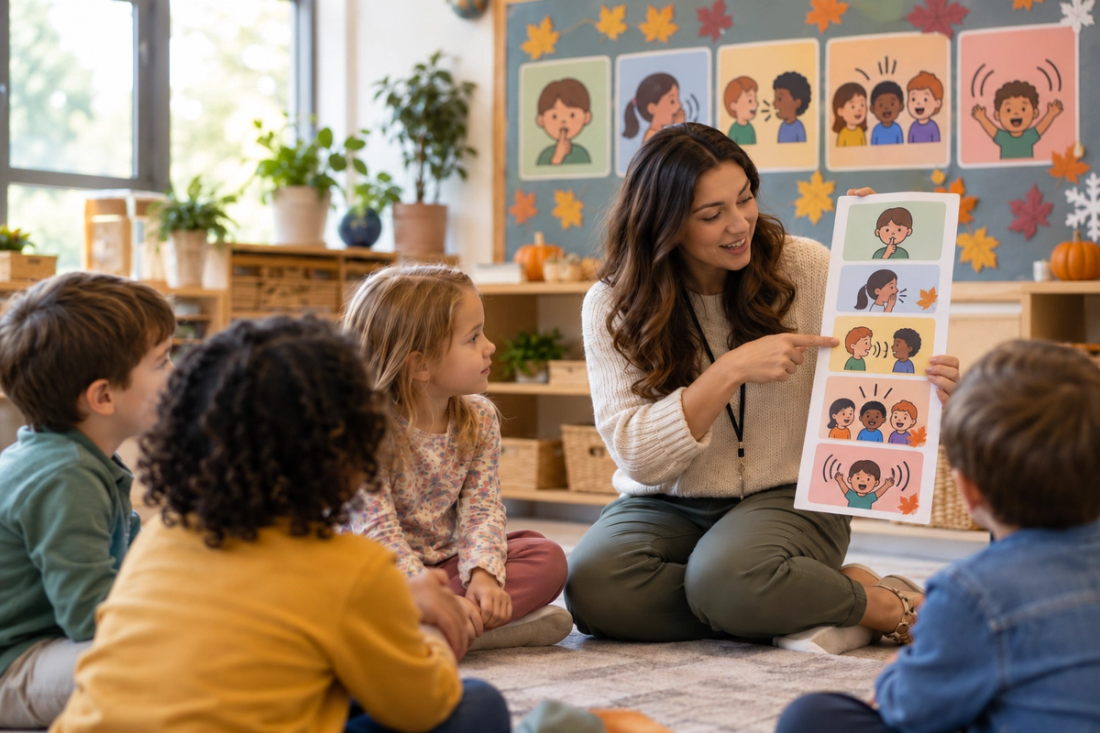 A warm classroom illustration with a teacher guiding young students through different voice-level routines using simple seasonal visual posters.