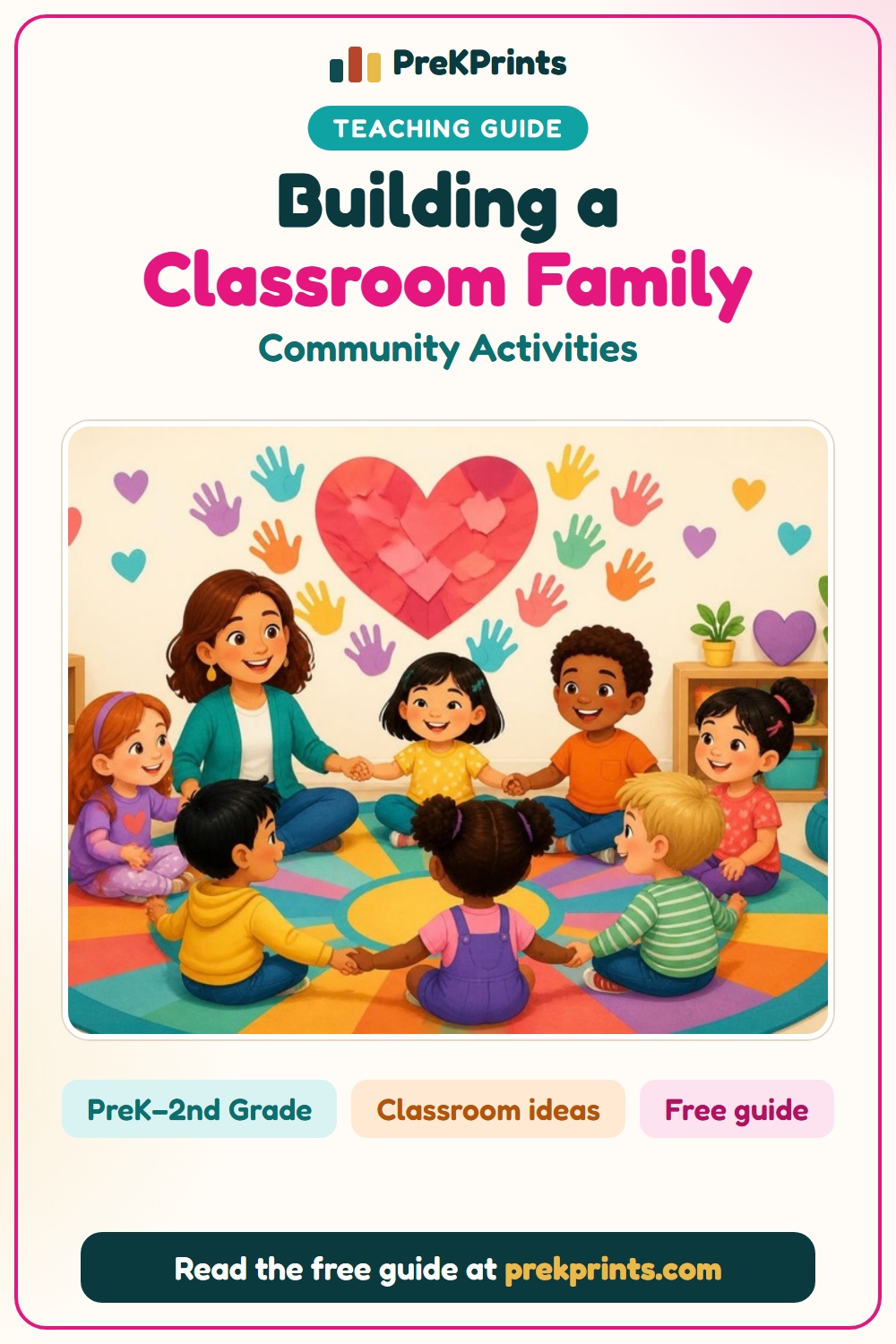 Pinterest image: Building a Classroom Family, a teaching guide from PreKPrints