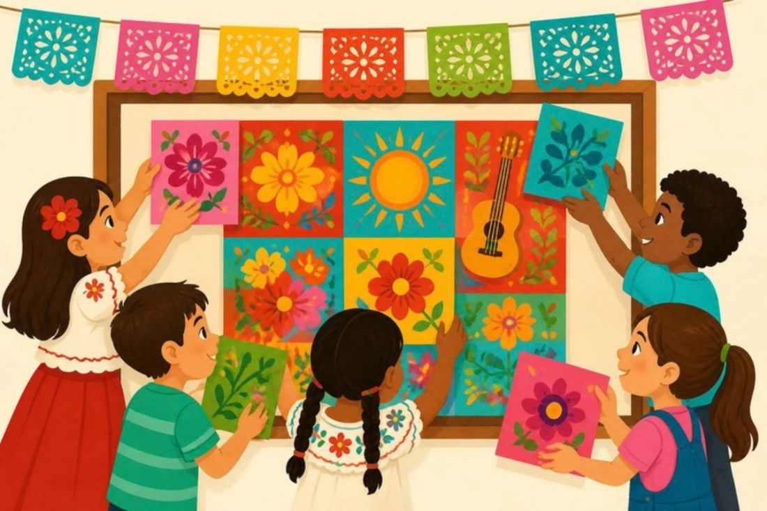 Illustration of children assembling a colorful collaborative poster under papel picado banners