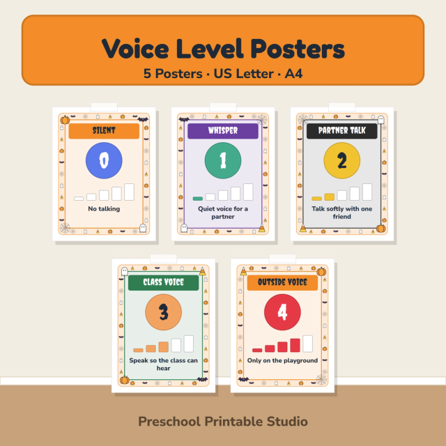 Cover for Halloween voice level posters featuring five classroom voice levels in bold, easy-to-read seasonal colors.