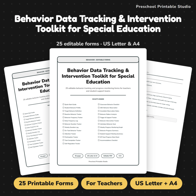 Cover for editable K–8 behavior data tracking forms featuring special education, ABC data and intervention monitoring tools.