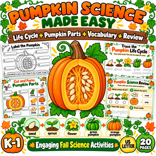 Pumpkin Life Cycle Worksheets | Parts of a Pumpkin Fall Science Activities K-1