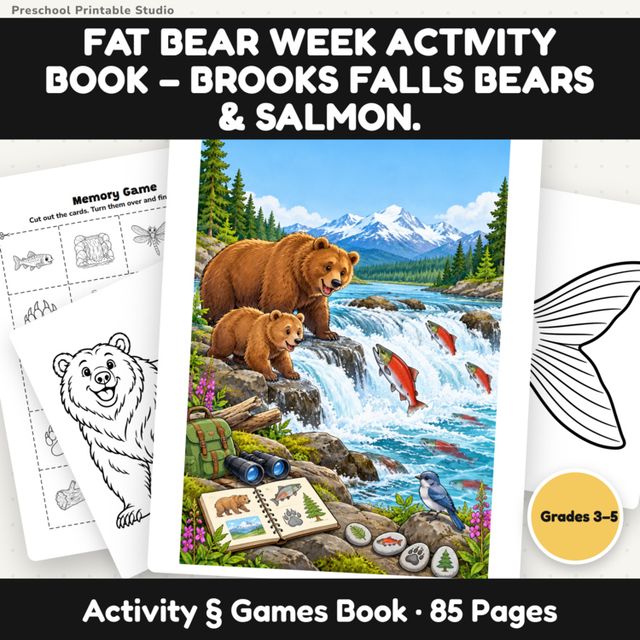 Fat Bear Week activity book cover featuring a friendly brown bear and Brooks Falls nature theme for Grades 3–5.