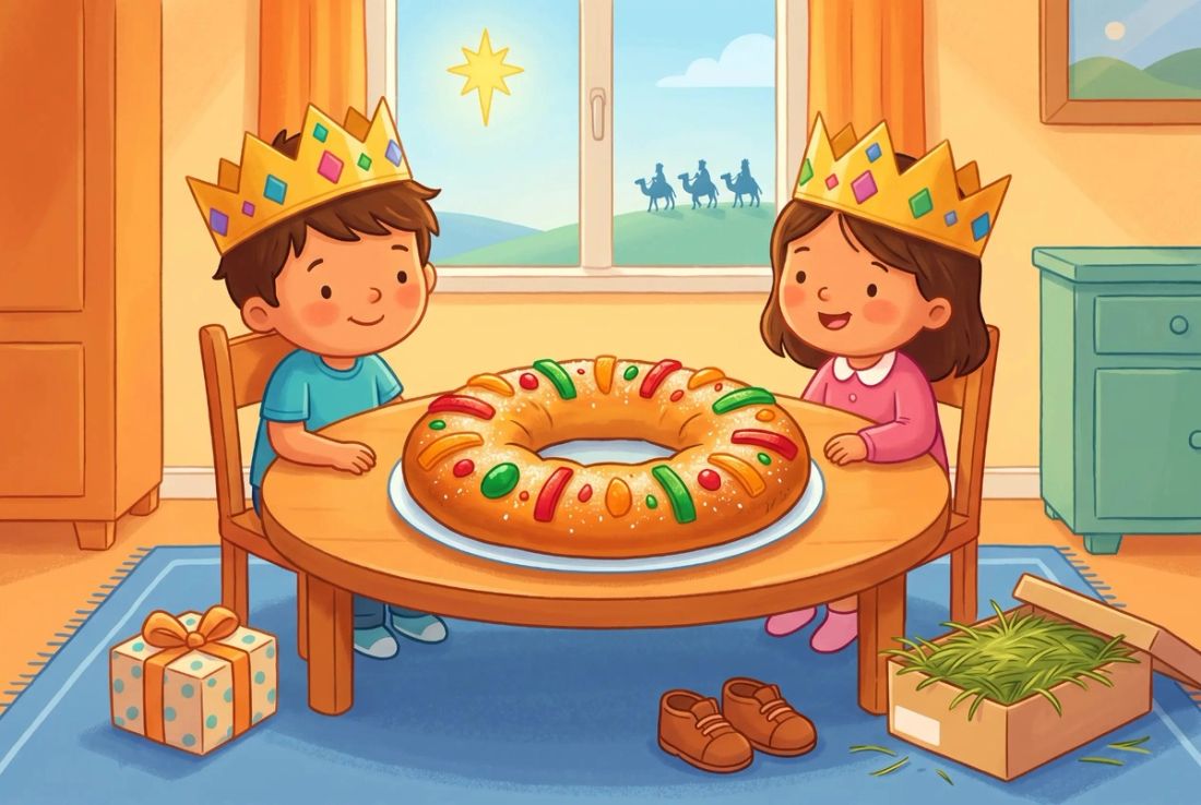 Children in golden paper crowns at a table with a rosca de Reyes, small shoes with a gift and a shoebox of grass on Three Kings Day